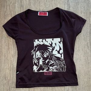 Brown short-sleeved crop top with anime graphic